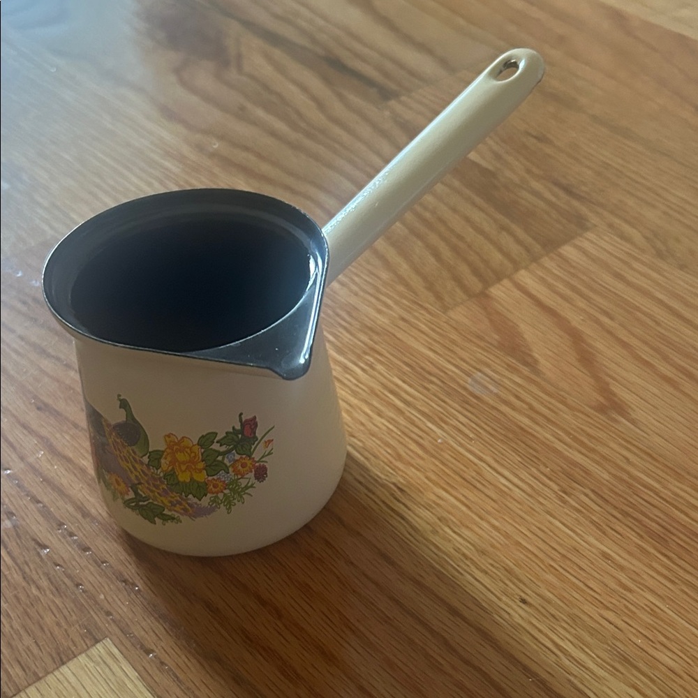 Vintage Peacock and Floral Enamel Turkish Coffee Saucepan with Handle